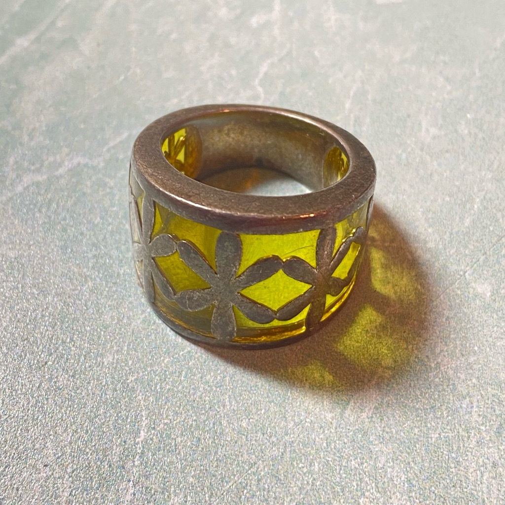 Angelique De Paris Green Resin W/ Sterling Silver Flowers Cigar Band Ring Size 6